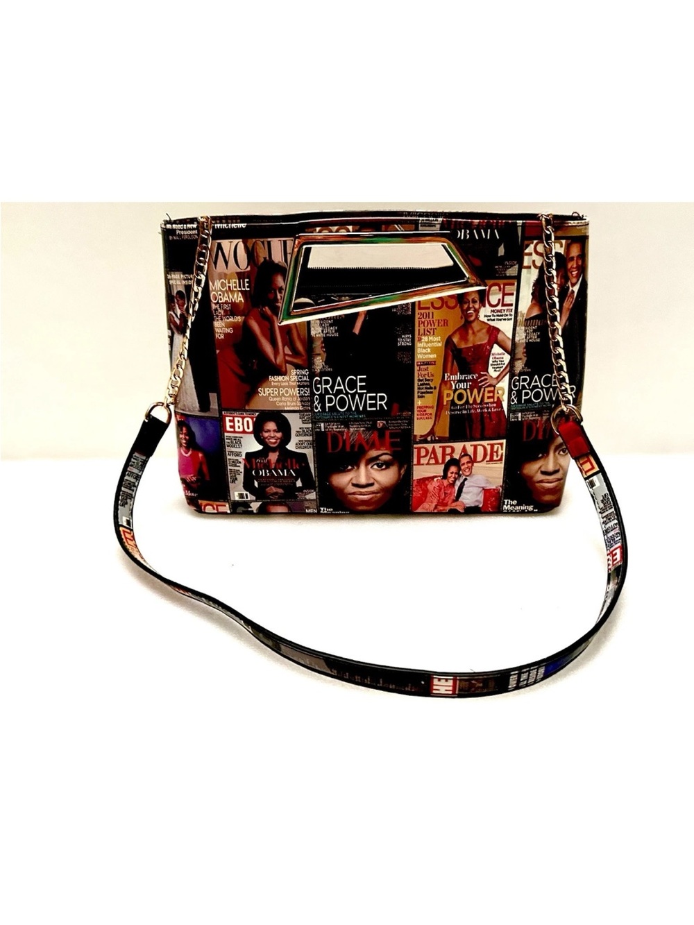 NEW OBAMA Crossbody Y2K Shoulder Bag Hologram Collage Glossy Magazine Covers - Picture 3 of 9